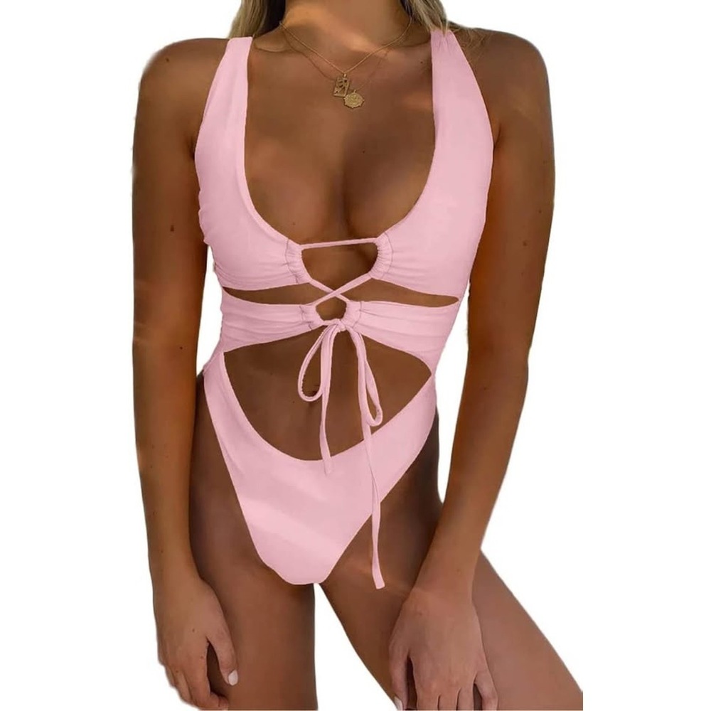 Chyrii Womens Small Cutout Lace Up Backless High Cut One Piece Swimsuit Cheeky